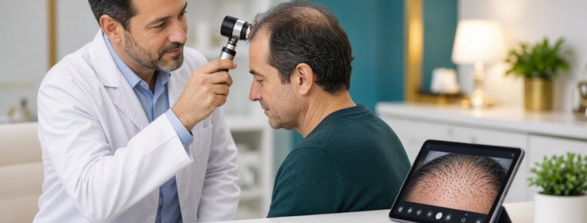 Fostoria News Doctor examines patient for hair restoration during consultation.
